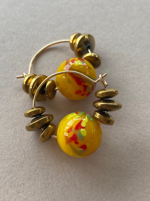 BDLHE06 - Orange and yellow featured Lampwork glass detail Hoop earrings