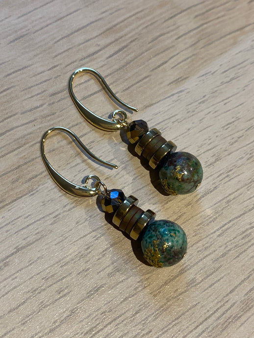MRLE25 - Natural Chrysocolla, Gold plated brass Hooks , Gold plated Hematite, Clay, Glass