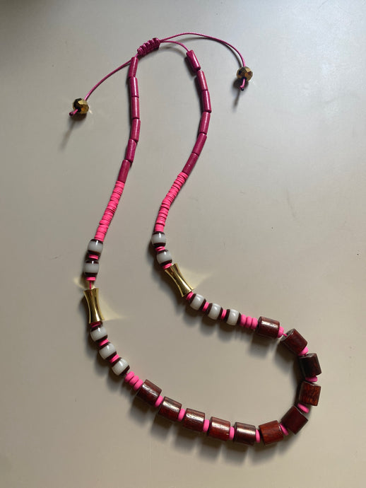 FRT11 - Adjustable cord necklace with dyed wood, clay, gold plated feature beads