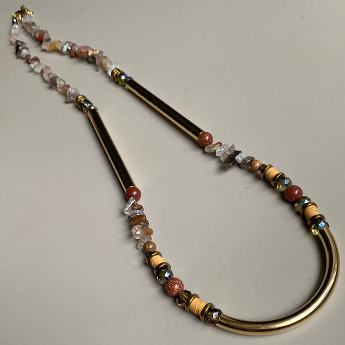CST08 - Gemstone chips, Maifanite & sandstone long necklace - Natural Tones
