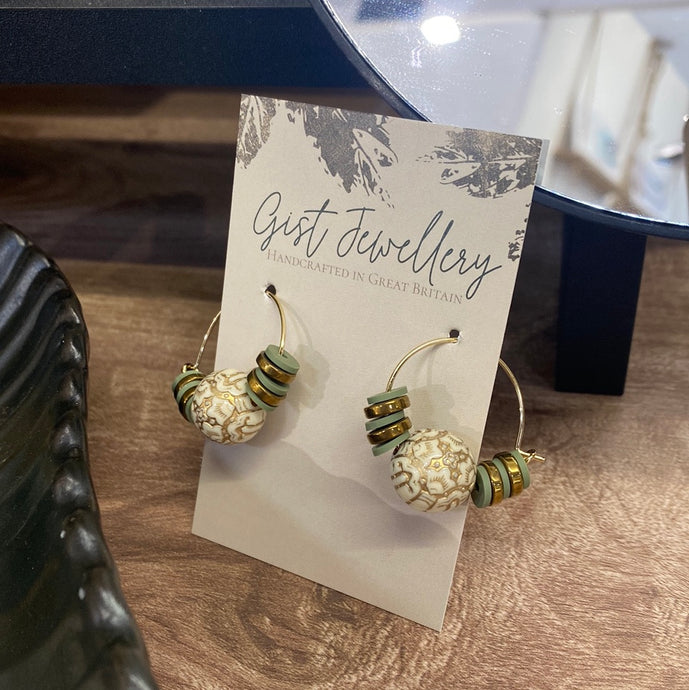 CSTE17 - Acrylic, clay and gold plated hematite hoop earrings