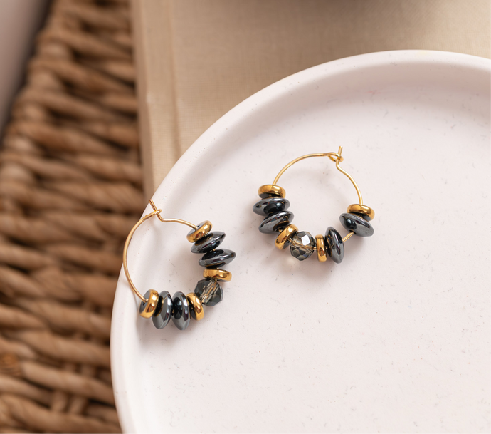 BDLHE15 - Crystal and Hematite Hoop earrings