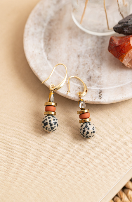 BDLE02 - Dalmatian Jasper & Sandstone barrel Drop Earrings