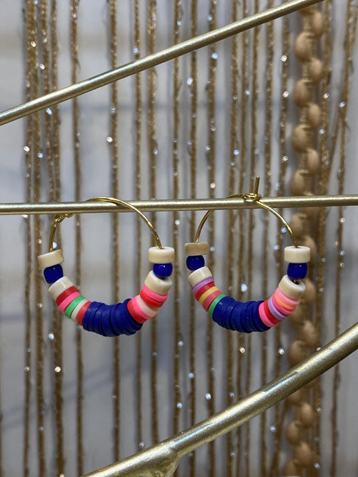 HILHE11 - Royal blue and multi coloured clay hoop earring