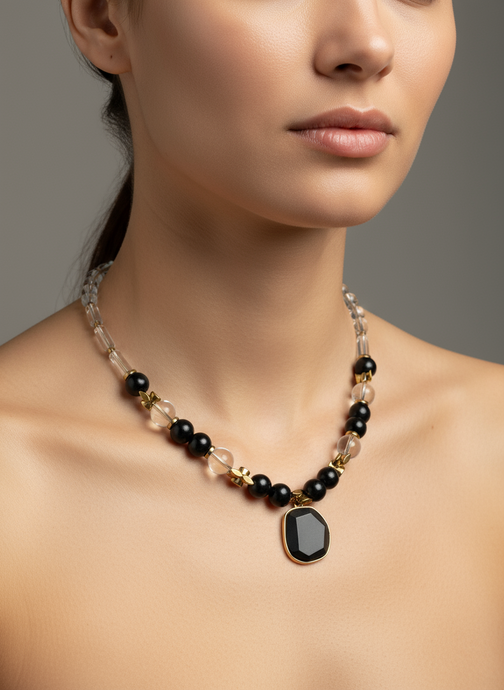 FRT16 -  Glass Necklace with black painted wood, teamed with Hematite details.