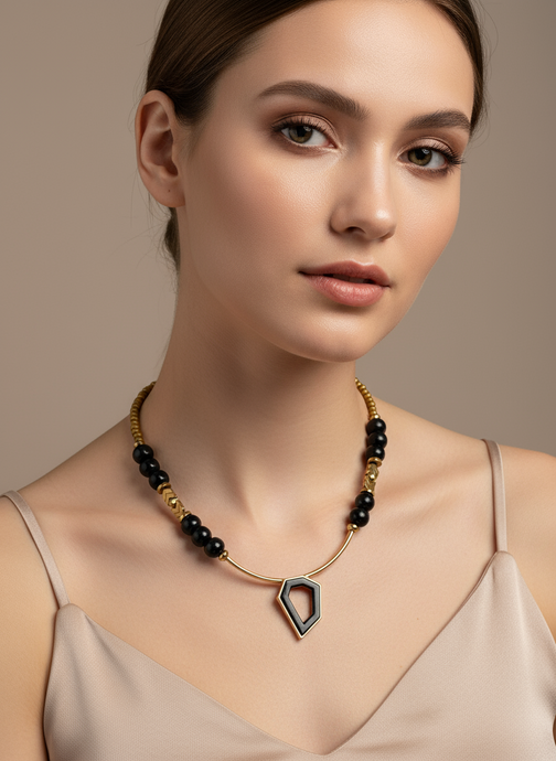 FRT10 - Seed bead, painted wood, crystal, gold plated bars and Hematite necklace