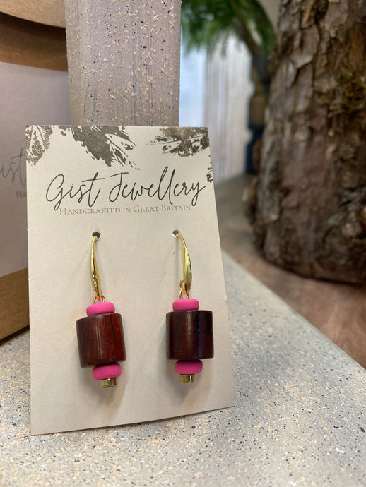 FRTE21 - Dyed wood, clay and crystal drop earrings on Gold plated hooks