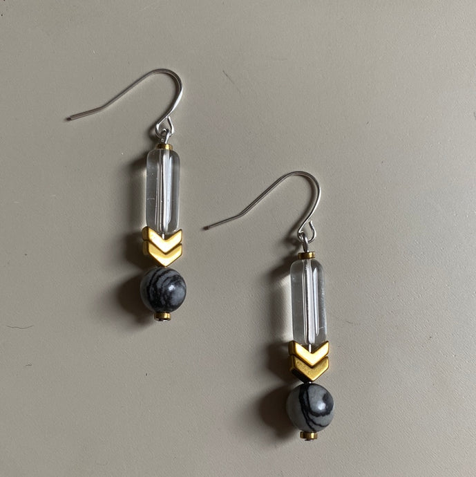 MRLE11 - Glass, Gold plated Hematite and Natural Black Silk Stone.
