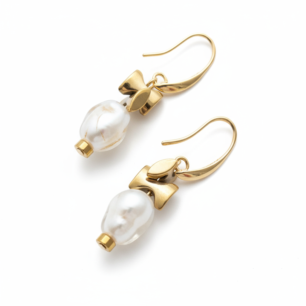 CSTE09 - Gold & white Lampwork Glass drop Earrings - White