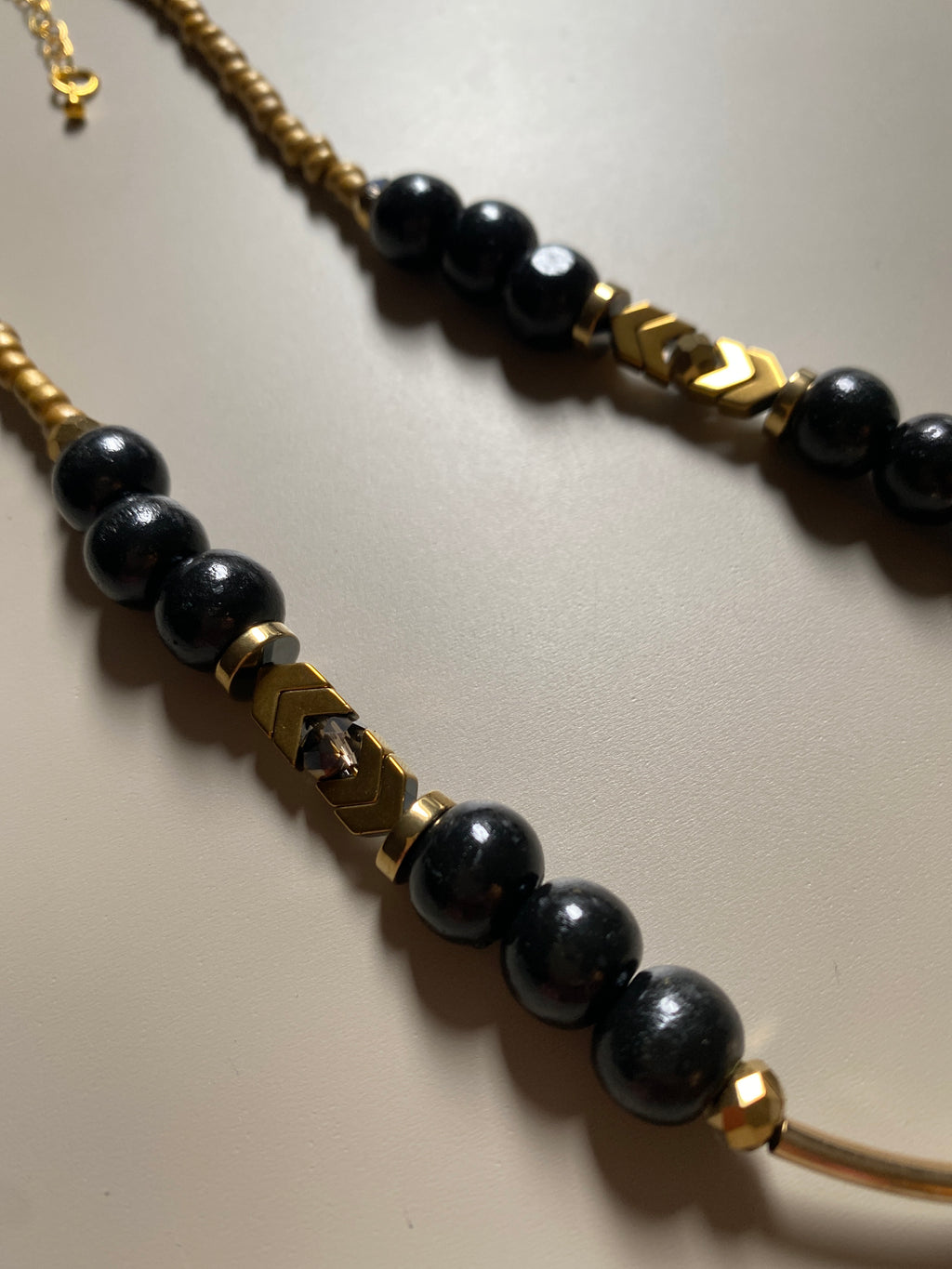 FRT10 - Seed bead, painted wood, crystal, gold plated bars and Hematite necklace