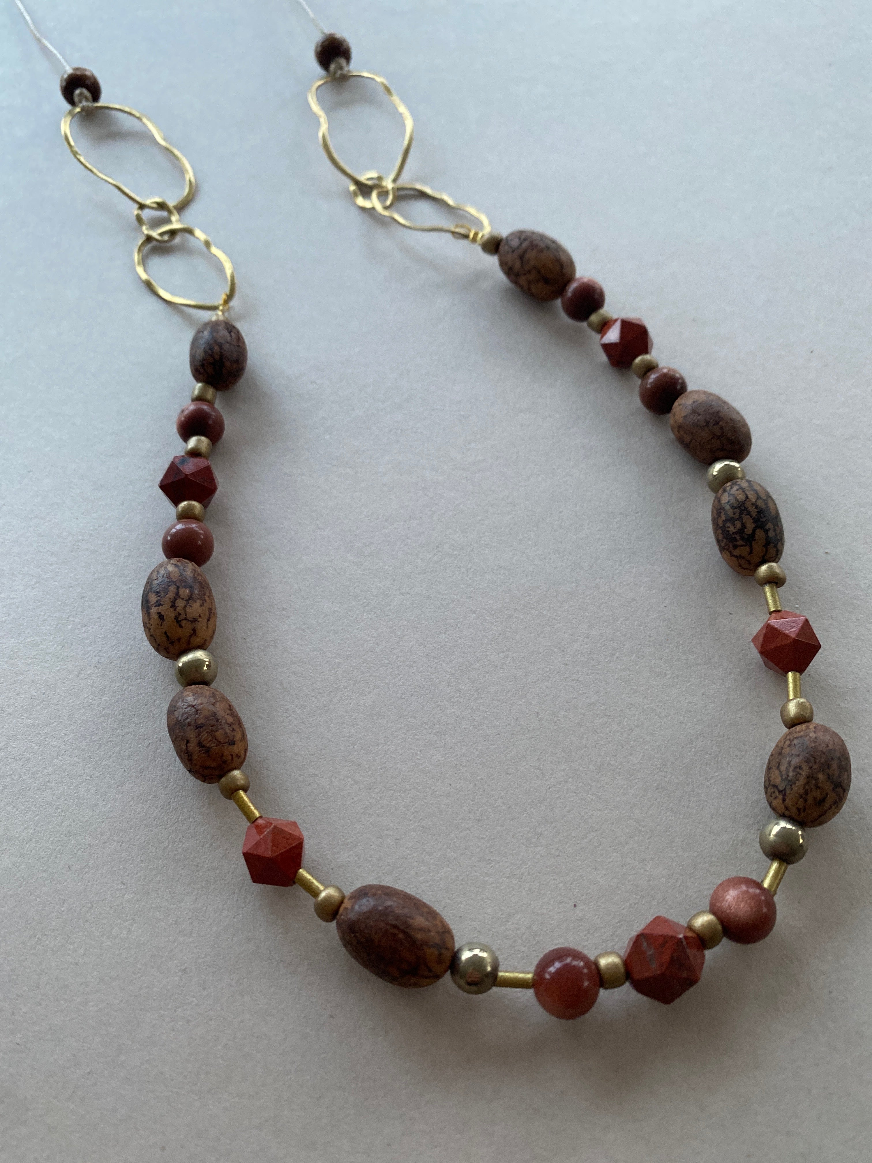 BDL01 - Red Jasper & Burlywood Mala beads adjustable cord necklace