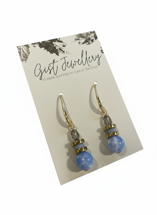 HILE03 - Pale Blue Colored Natural Fire Crackle Agate, gold plated hematite and glass earrings