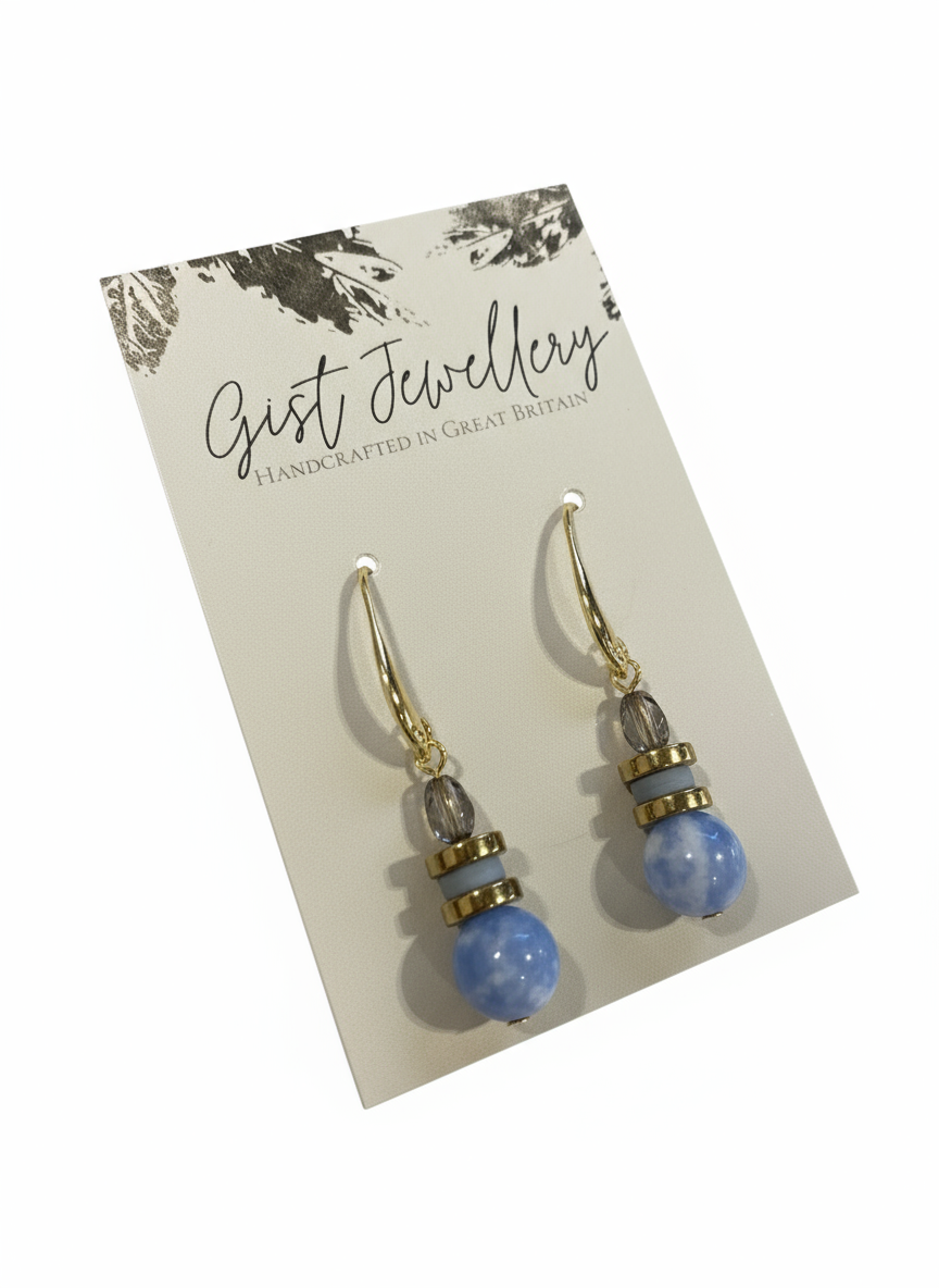 HILE03 - Pale Blue Colored Natural Fire Crackle Agate, gold plated hematite and glass earrings