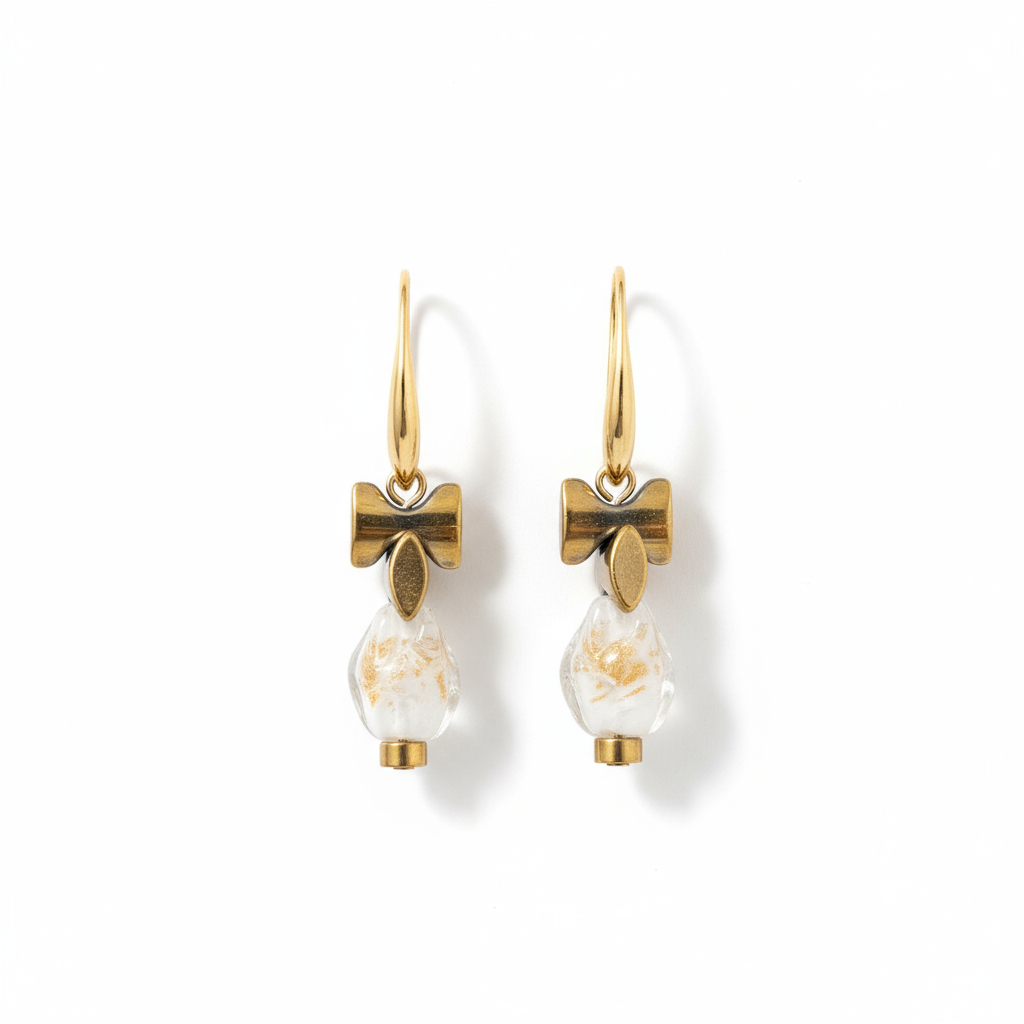 CSTE09 - Gold & white Lampwork Glass drop Earrings - White
