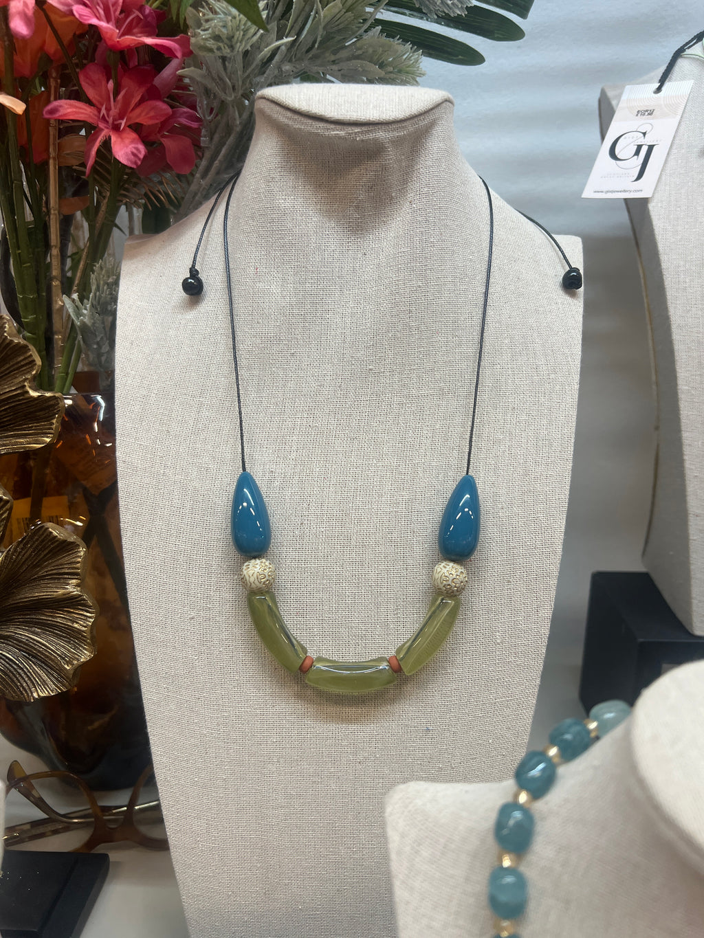 EOR13 teal and green adjustable cord necklace