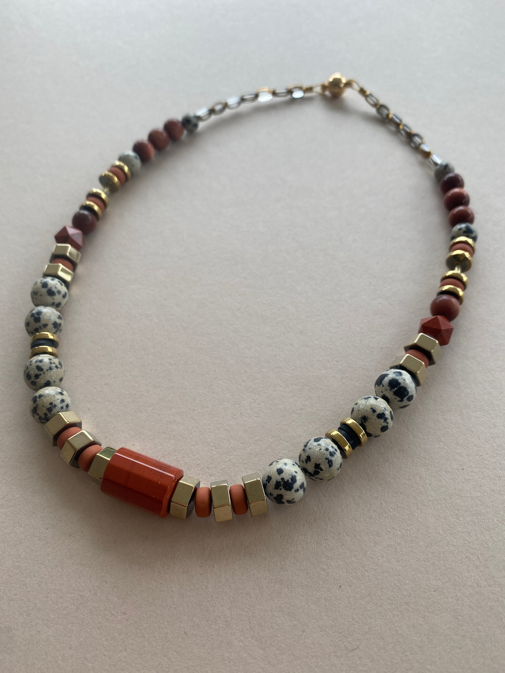 BDL02 - Dalmatian Jasper & Sandstone barrel necklace