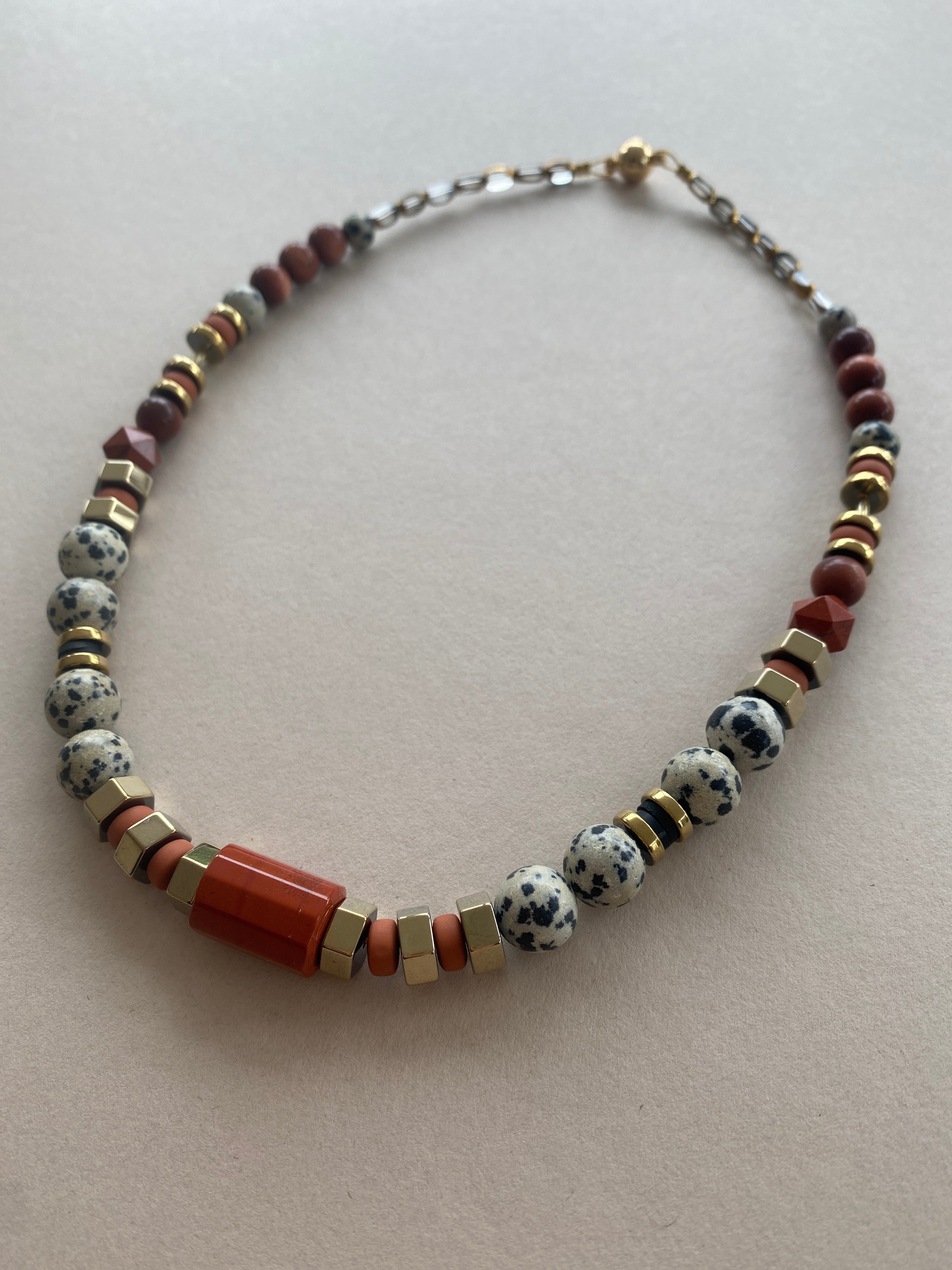 BDL02 - Dalmatian Jasper & Sandstone barrel necklace
