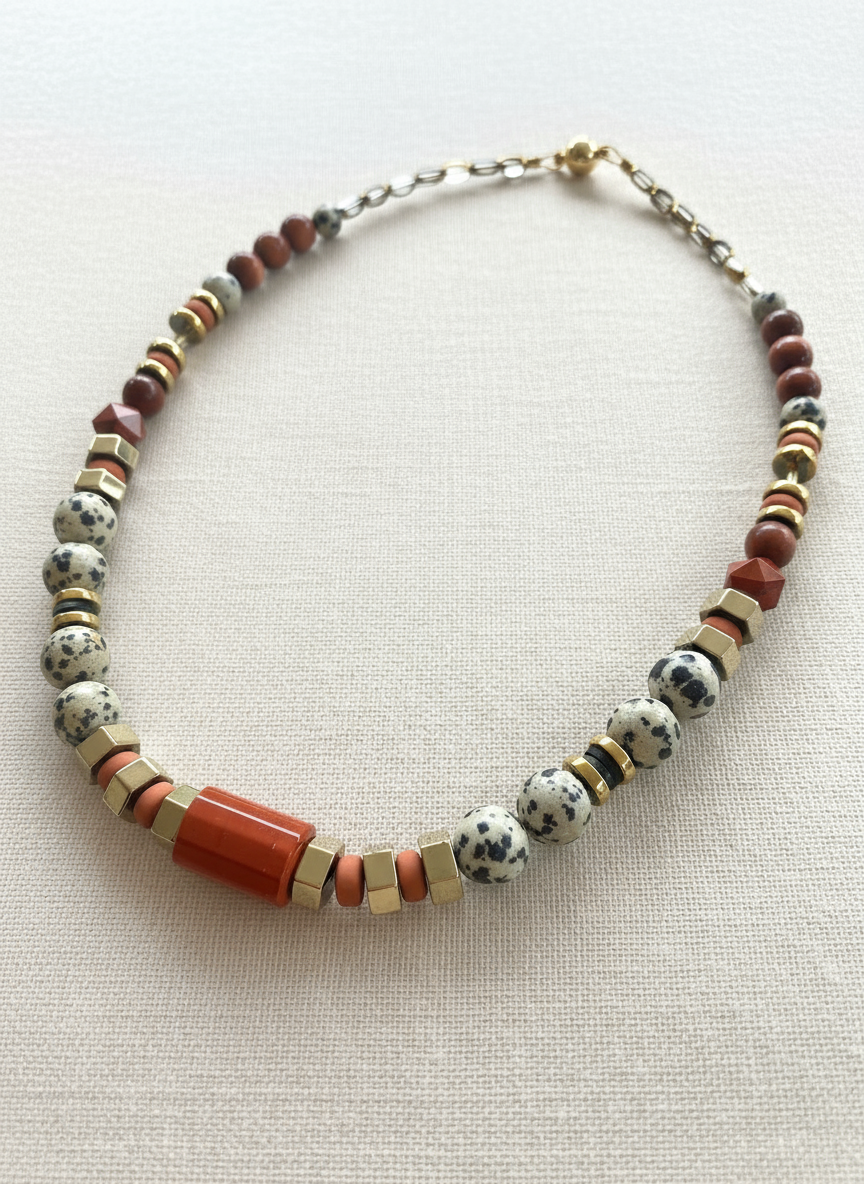 BDL02 - Dalmatian Jasper & Sandstone barrel necklace