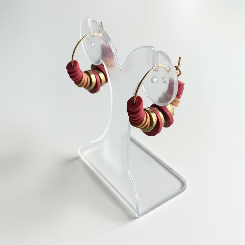 CSTE05 - Vinyl & Hematite Hoop Earrings - Red, Gold, Tan