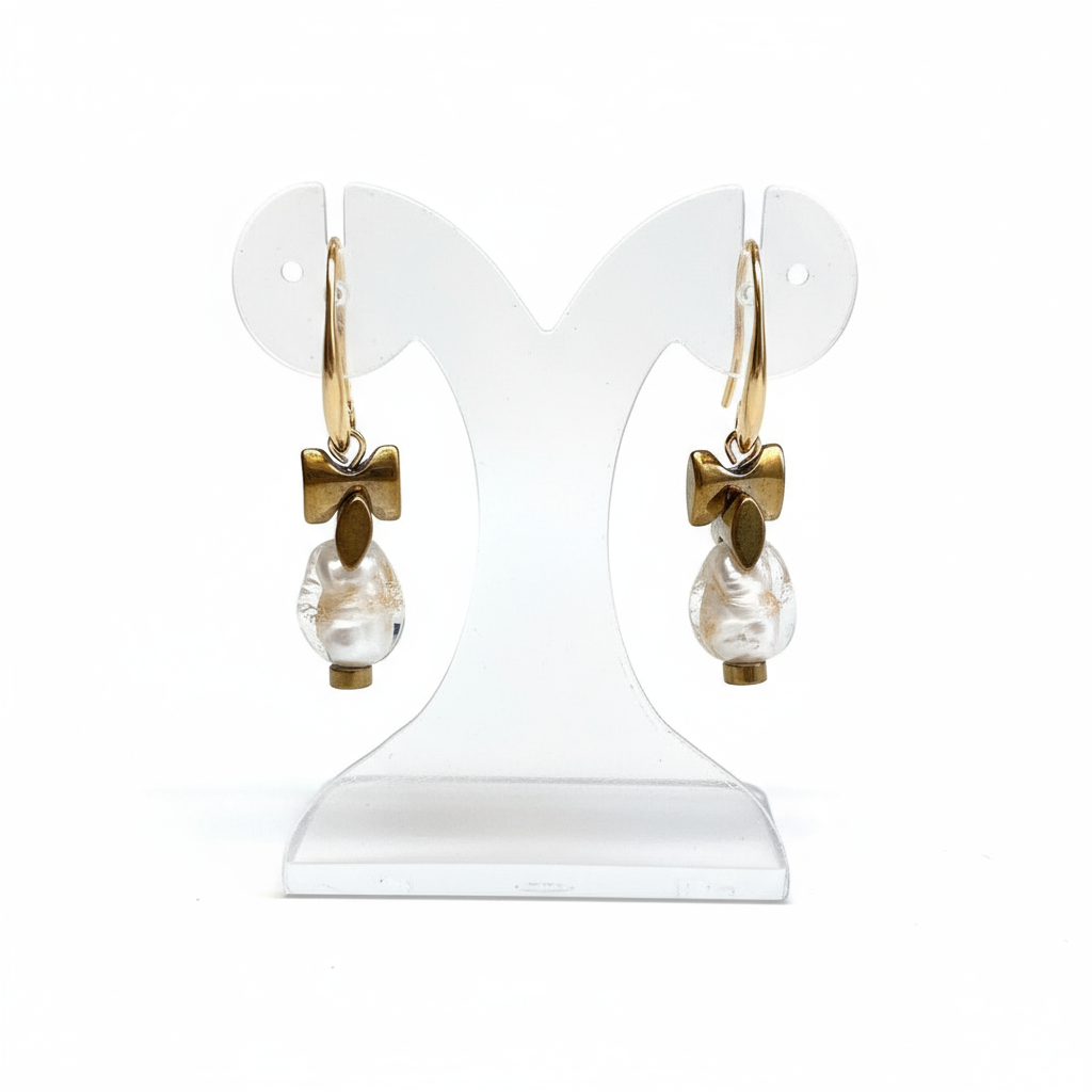 CSTE09 - Gold & white Lampwork Glass drop Earrings - White
