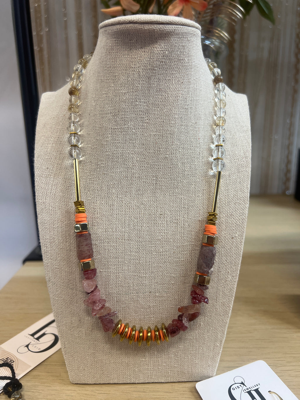 EOR17 - Strawberry Quartz barrel and chip necklace
