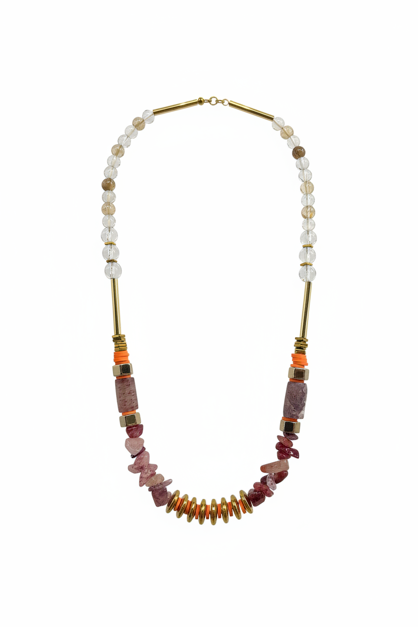 EOR17 - Strawberry Quartz barrel and chip necklace