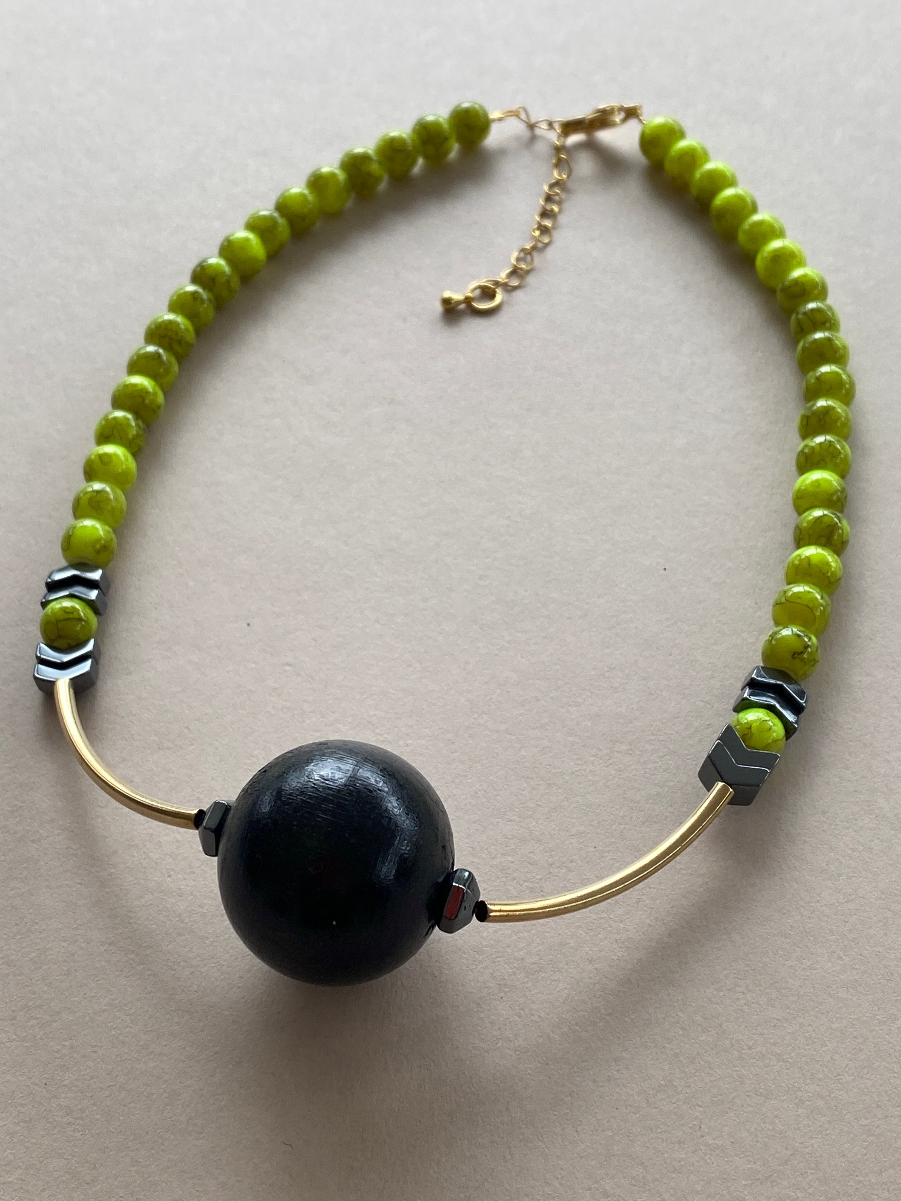 BDL17 - lime green, statement black focal wooden beaded necklace