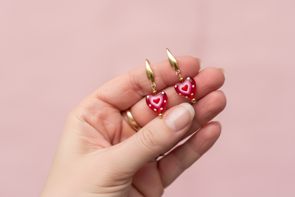 Cute red and pink glass Heart earrings