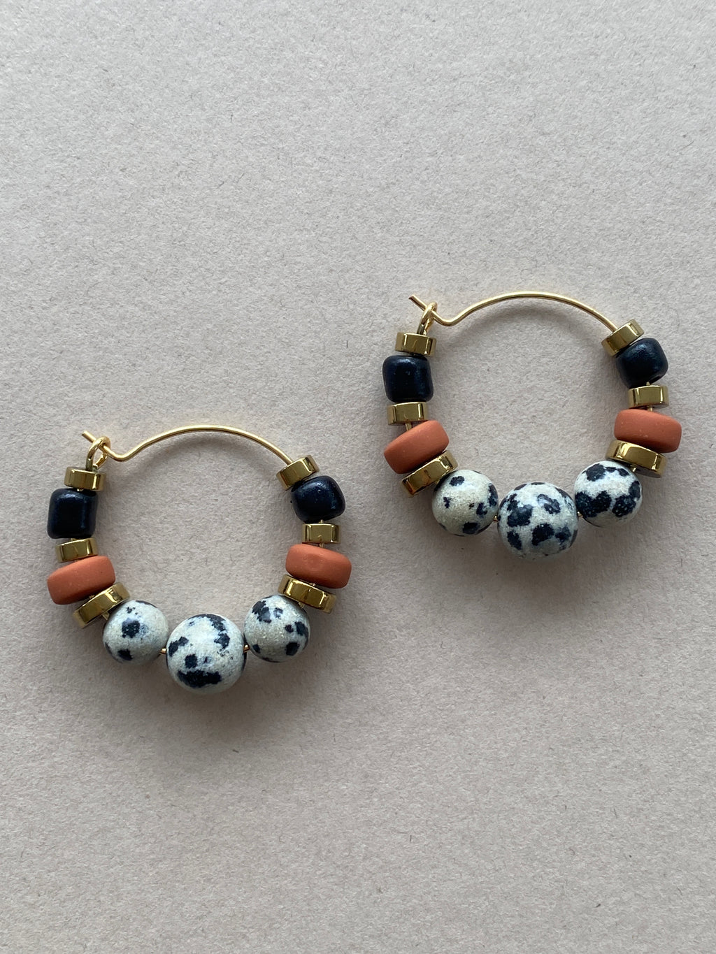 BDLHE02 - Dalmatian Jasper & Sandstone barrel Hoop Earrings