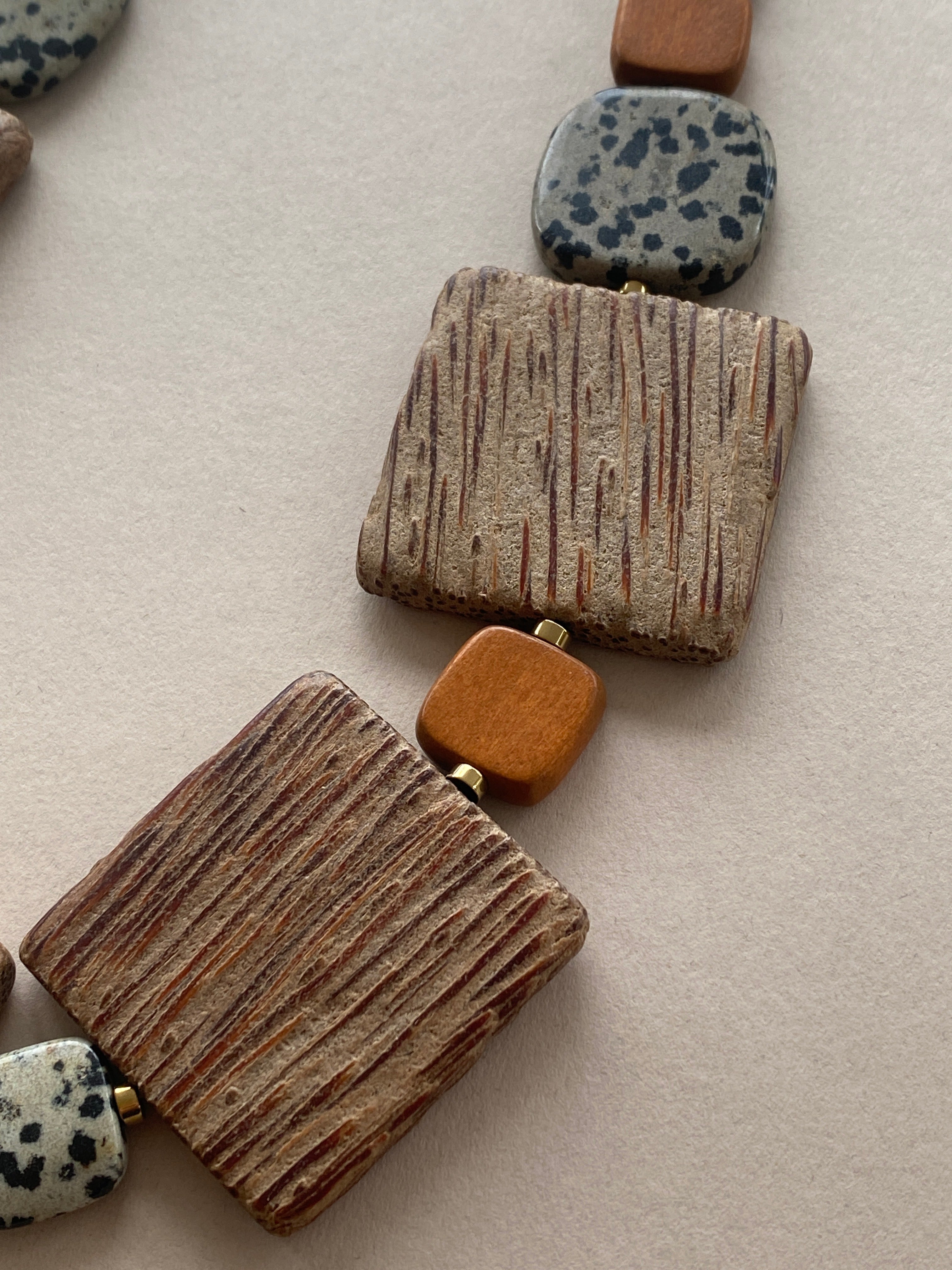 BDL03 - Dalmatian Jasper and Wood adjustable long Necklace