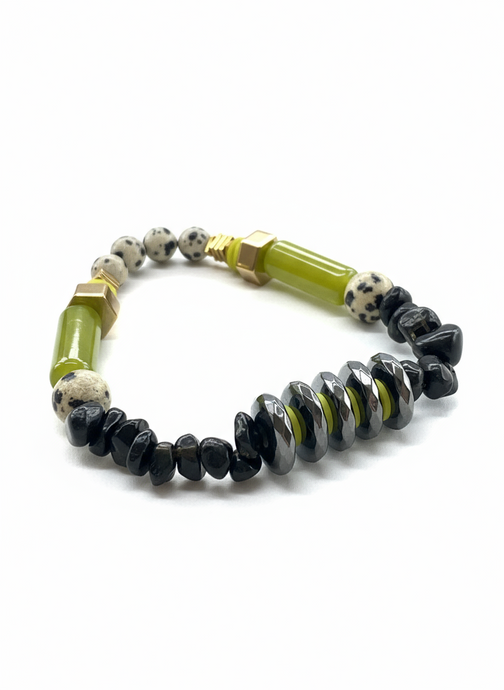 HILB05 - Dalmation jasper, clay, hematite, acrylic, clay and Obsidian gemstones bracelet
