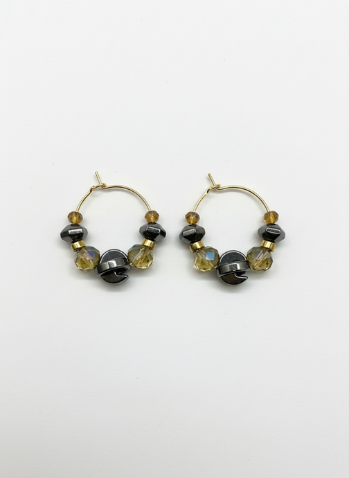 HILHE04 - yellow green hematite crystal hoop earrings large