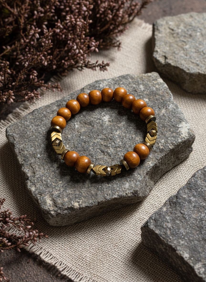 FRTB07- 7.5" elasticated bracelet with dyed wood and gold plated hematite details