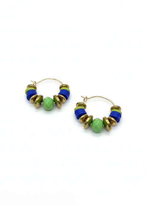 HILHE12 - Blue clay and green crystal hoop earrings