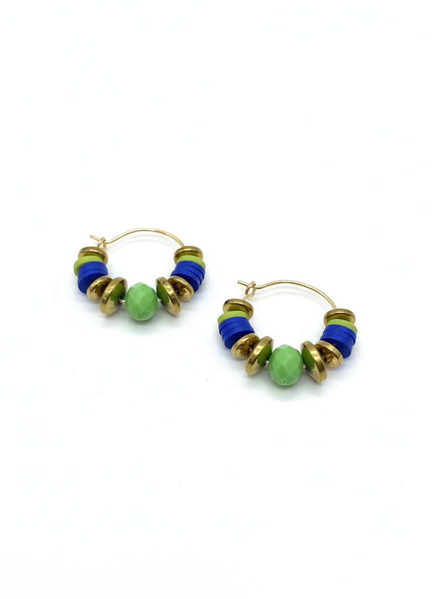 HILHE12 - Blue clay and green crystal hoop earrings