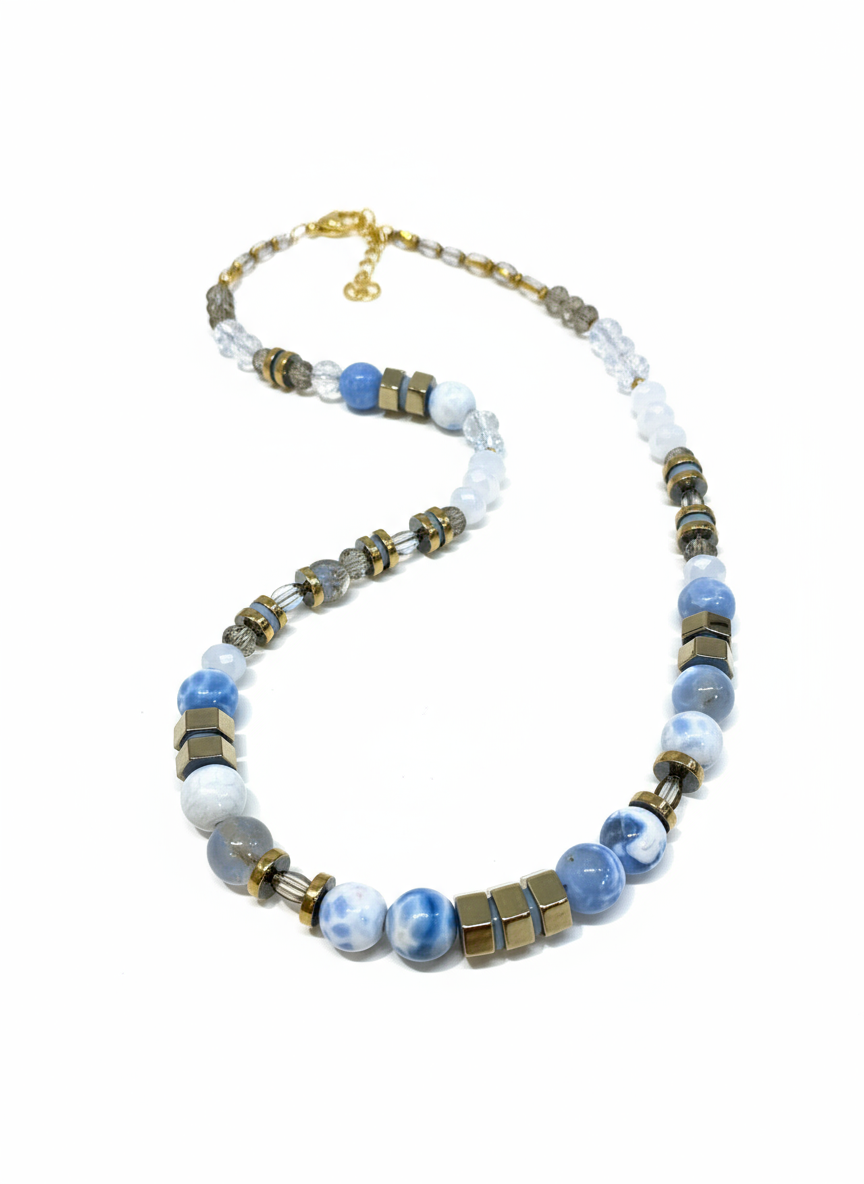 HIL03 - Colored Natural Fire Crackle Agate Pale Blue and white crystal necklace