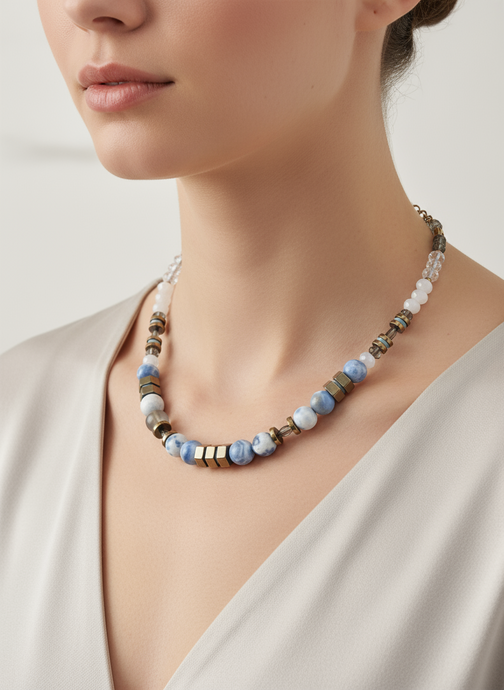 HIL03 - Colored Natural Fire Crackle Agate Pale Blue and white crystal necklace