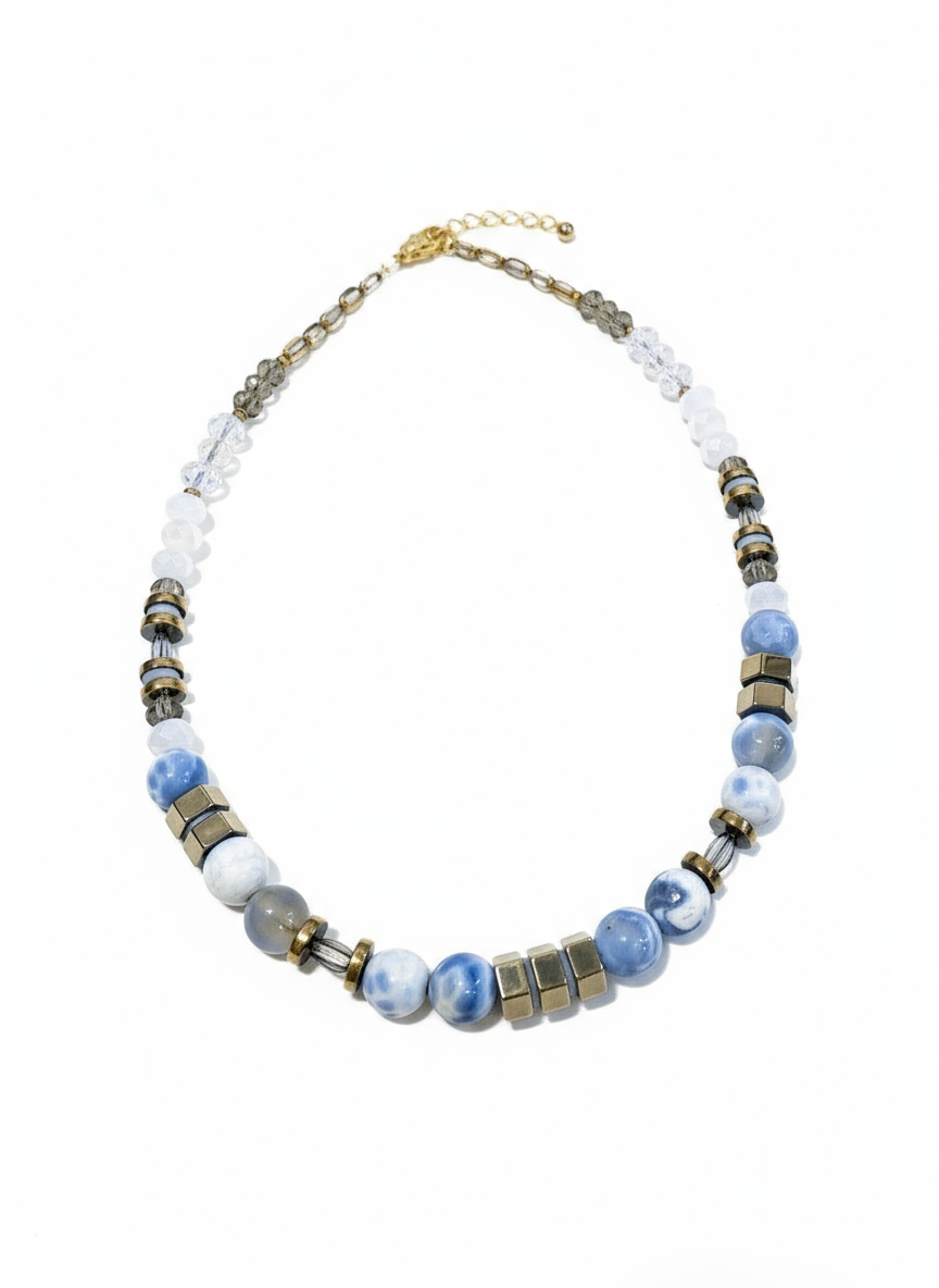 HIL03 - Colored Natural Fire Crackle Agate Pale Blue and white crystal necklace