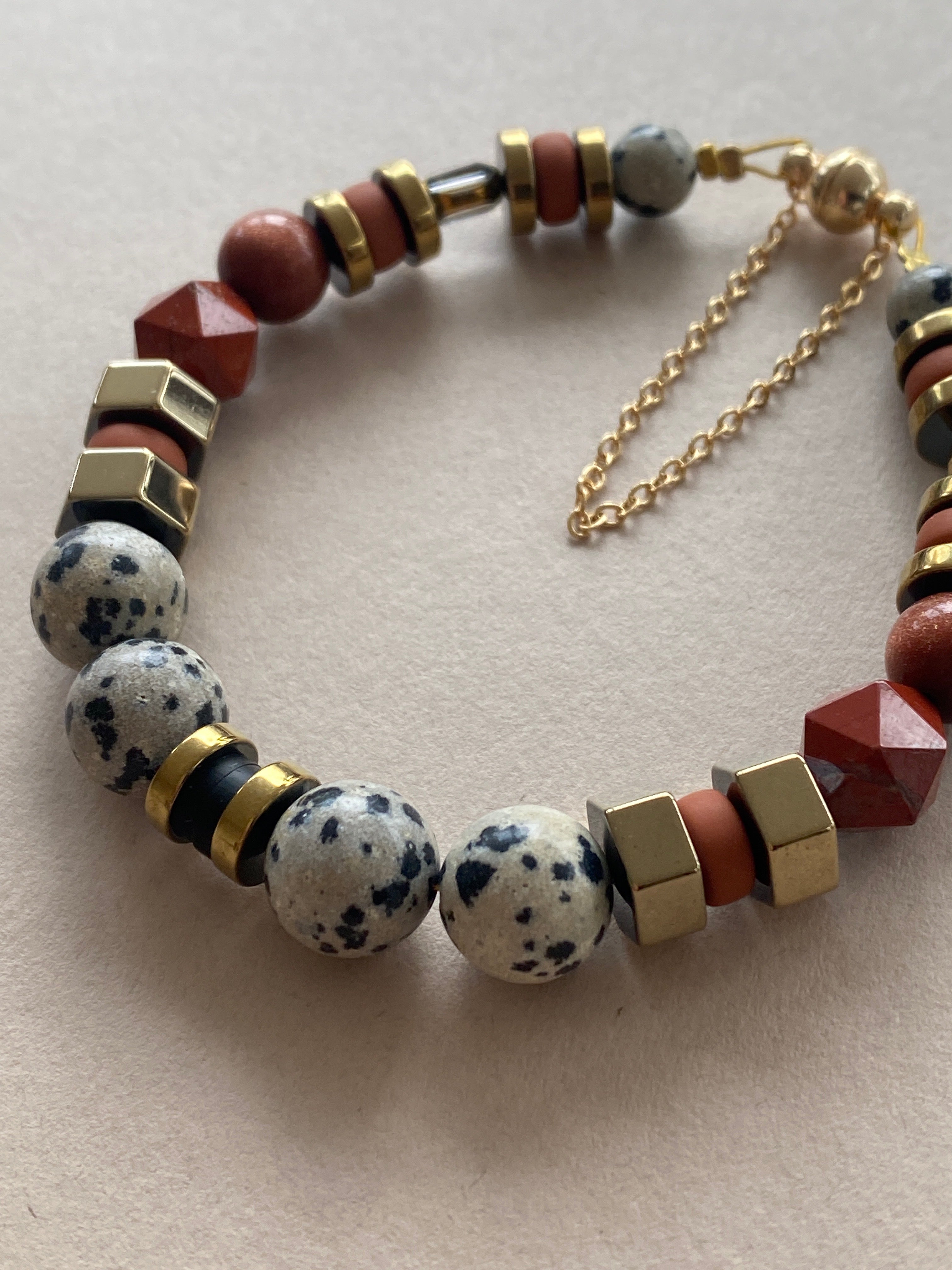BDLB02 - Dalmatian Jasper & Sandstone barrel bracelet