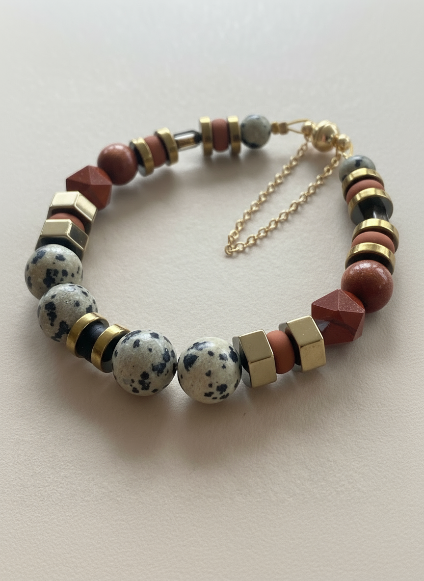 BDLB02 - Dalmatian Jasper & Sandstone barrel bracelet