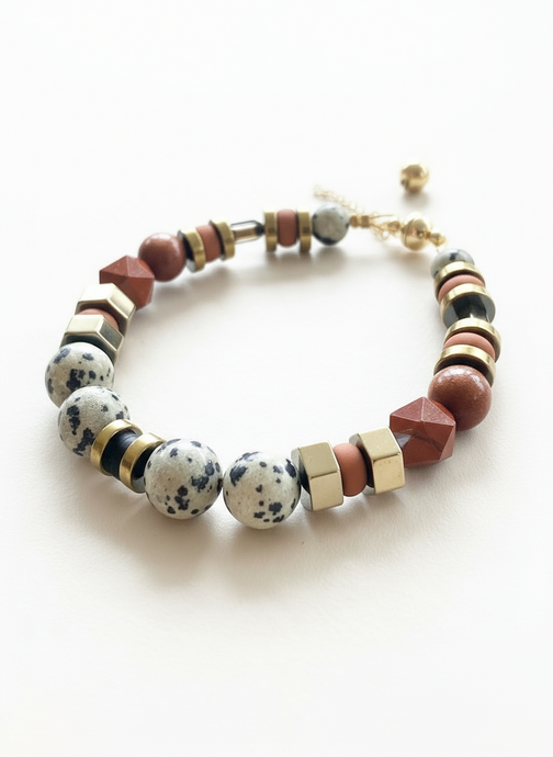 BDLB02 - Dalmatian Jasper & Sandstone barrel bracelet