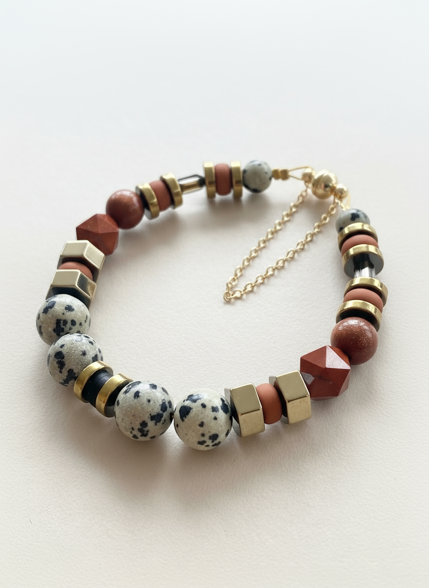 BDLB02 - Dalmatian Jasper & Sandstone barrel bracelet
