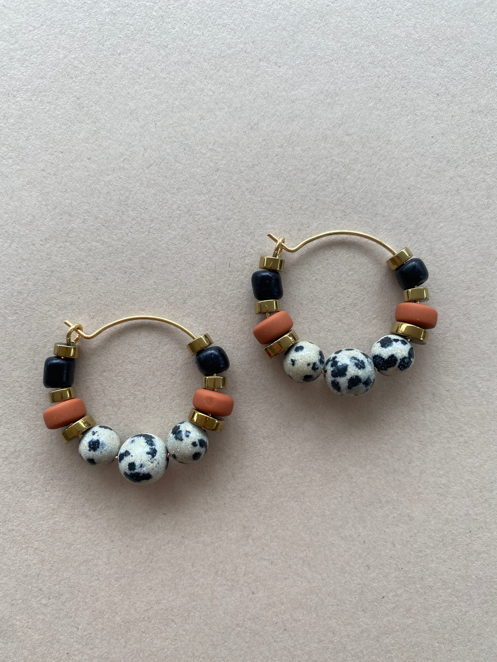 BDLHE02 - Dalmatian Jasper & Sandstone barrel Hoop Earrings