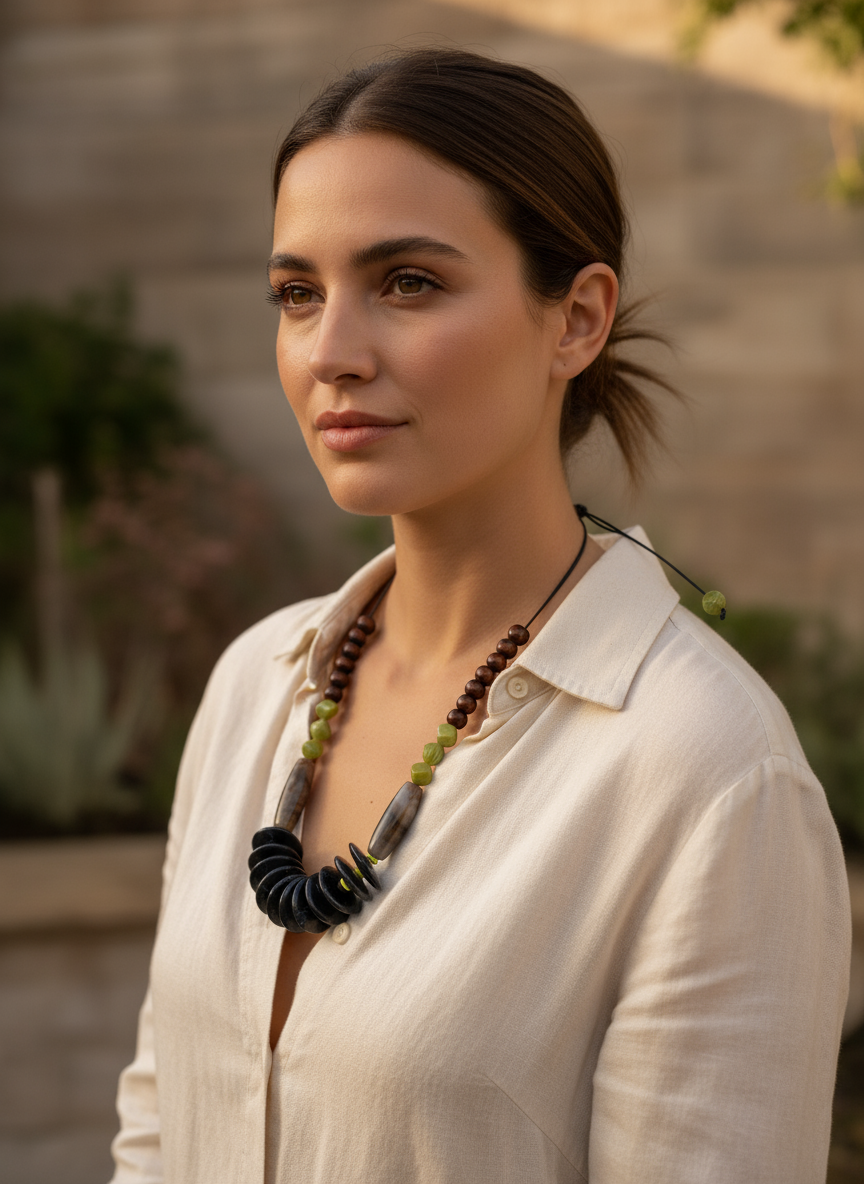 FRT06 - Fully adjustable necklace, wood, acrylic and clay