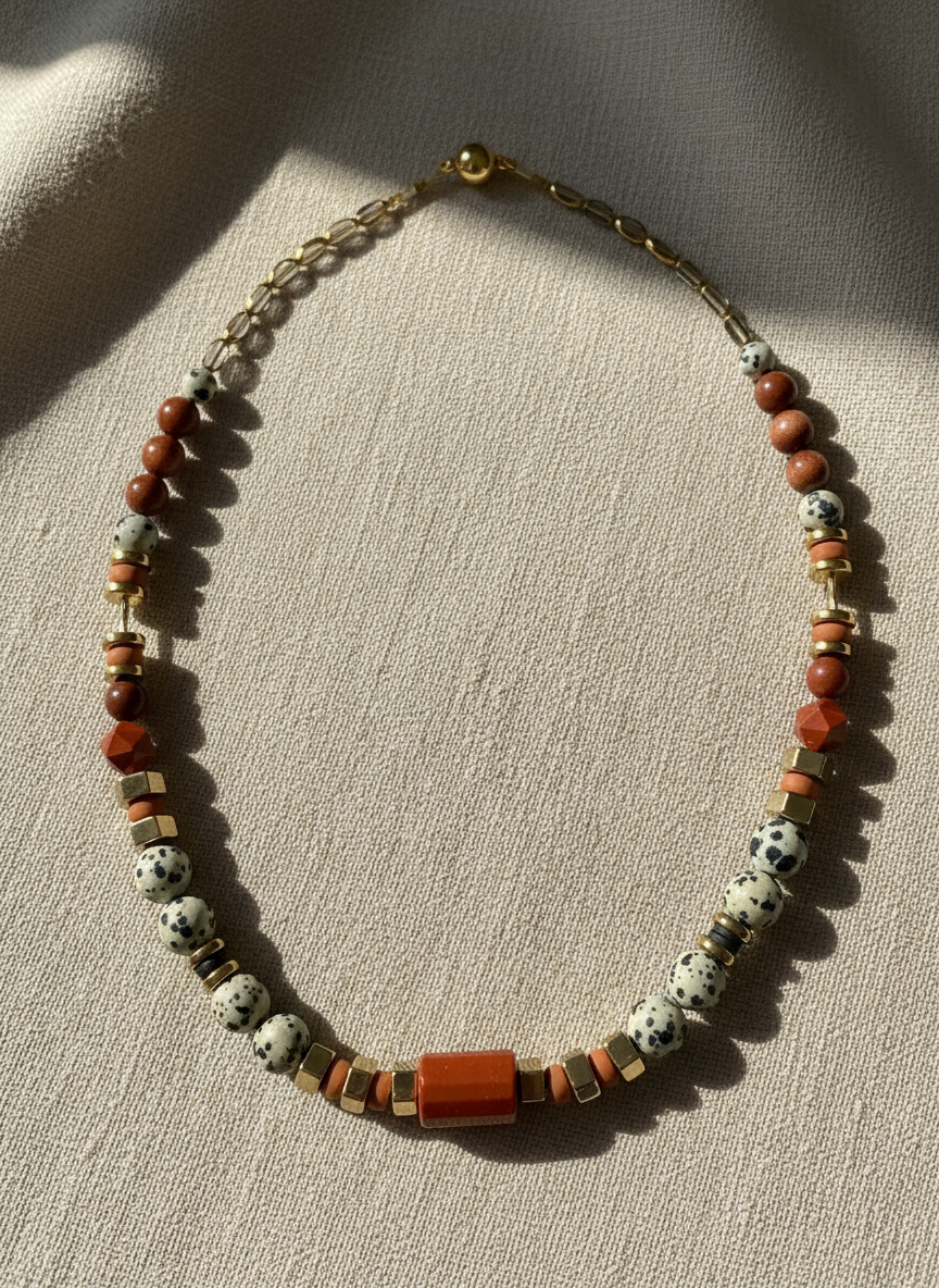 BDL02 - Dalmatian Jasper & Sandstone barrel necklace