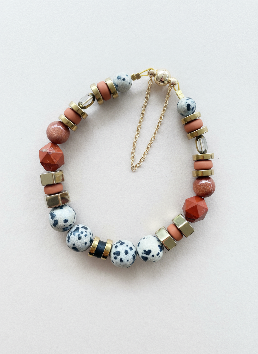 BDLB02 - Dalmatian Jasper & Sandstone barrel bracelet