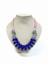 HIL11 - Royal blue, ivory and multi coloured clay necklace