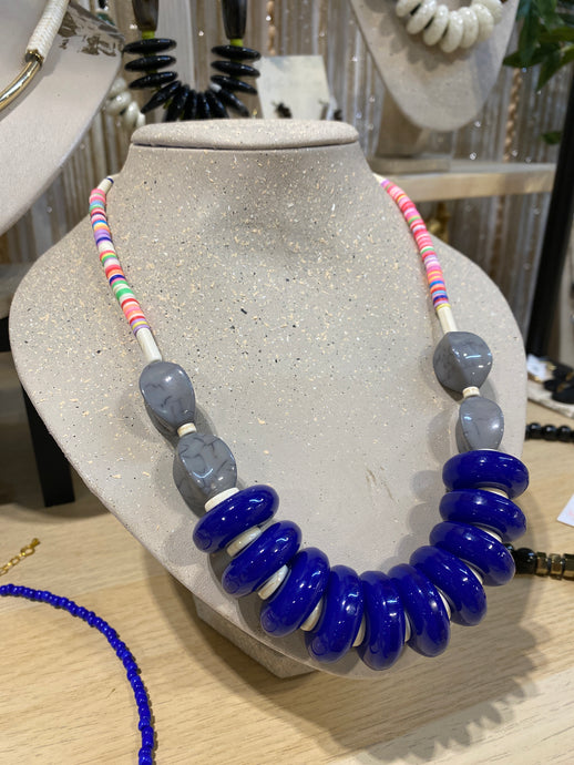 HIL11 - Royal blue, ivory and multi coloured clay necklace