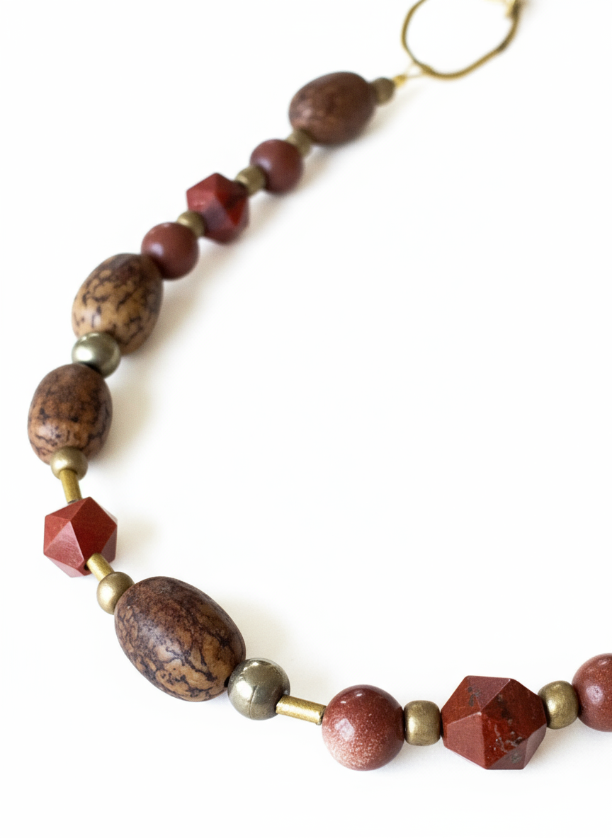 BDL01 - Red Jasper & Burlywood Mala beads adjustable cord necklace
