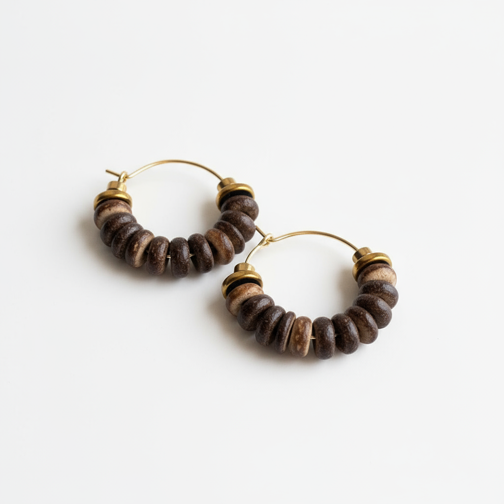 CSTE04 - Hematite & Coconut hoop earrings - Brown, wood